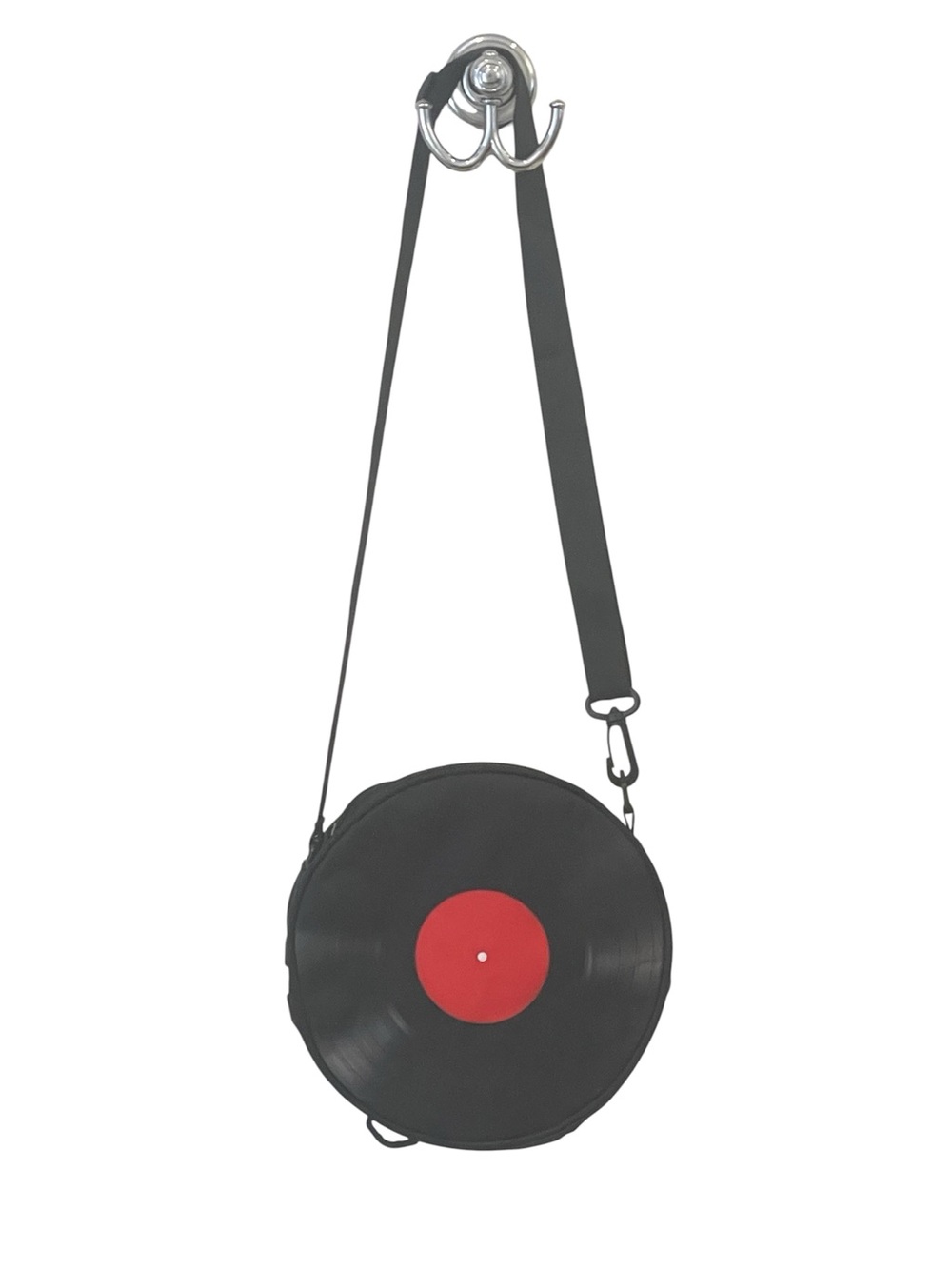 Novelty Vinyl Record Crossbody Bag in Black with Red Center